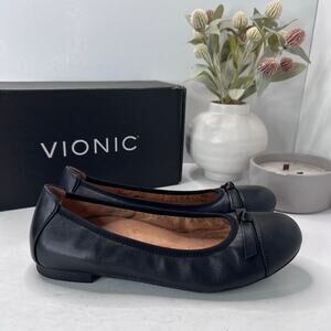 Vionic Amorie Leather Flats Slip On Comfort Shoes Black Women 8M NWB